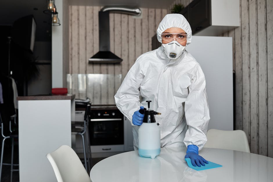 A professional cleaner in a domestic kitchen setting, dressed in full personal protective equipment including a white hazmat suit, safety goggles, a respirator mask, and blue gloves. The cleaner is holding a spray bottle and a cleaning cloth, standing beside a round white table that has a blue cleaning cloth on it. The background shows a modern kitchen with wooden panel walls, a stainless steel extractor hood, and a white refrigerator, all appearing clean and well-maintained. The lighting is bright, emphasizing the pristine condition of the surfaces, and the environment suggests thorough surface cleaning and sanitisation as part of a professional deep cleaning service by Merton Cleaners, in line with safety and hygiene standards for residential spaces.