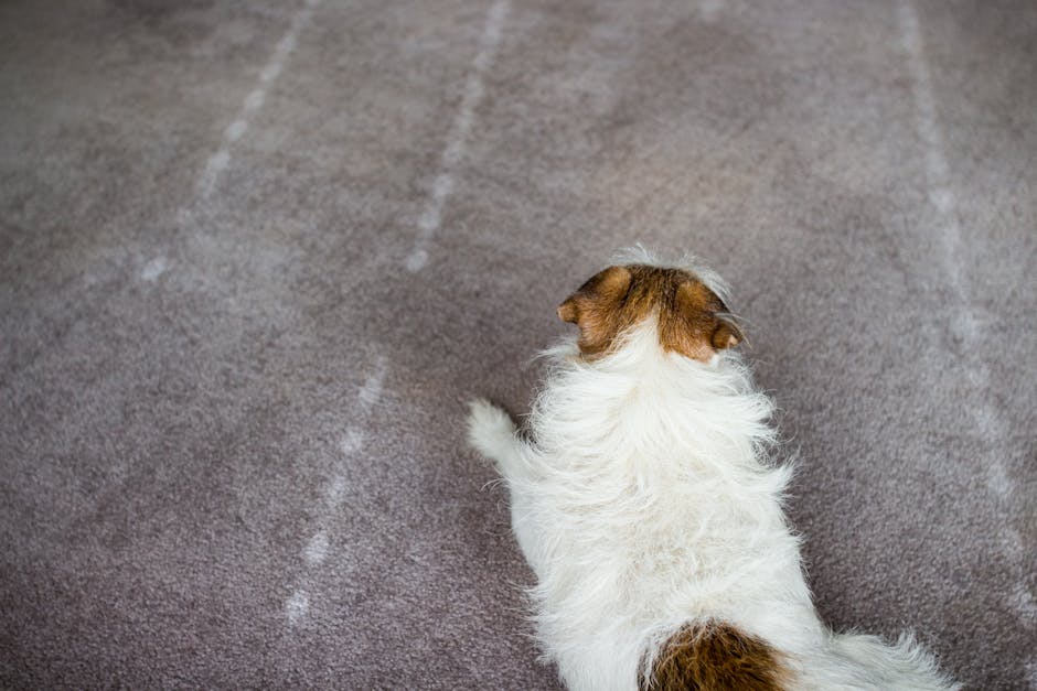 A top-down view of a carpet in a residential room, showing a light grey, textured surface with visible faint white pet paw prints. The carpet appears clean but has some slight fur or dust particles scattered across it. In the lower right corner, there is a small, fluffy dog with white and brown fur, facing away from the camera. The room has natural lighting that highlights the carpet's surface. This image relates to surface cleaning and maintenance for homes where pet odour removal from carpets is essential, as provided by Merton Cleaners in Wimbledon Village, MERTON.